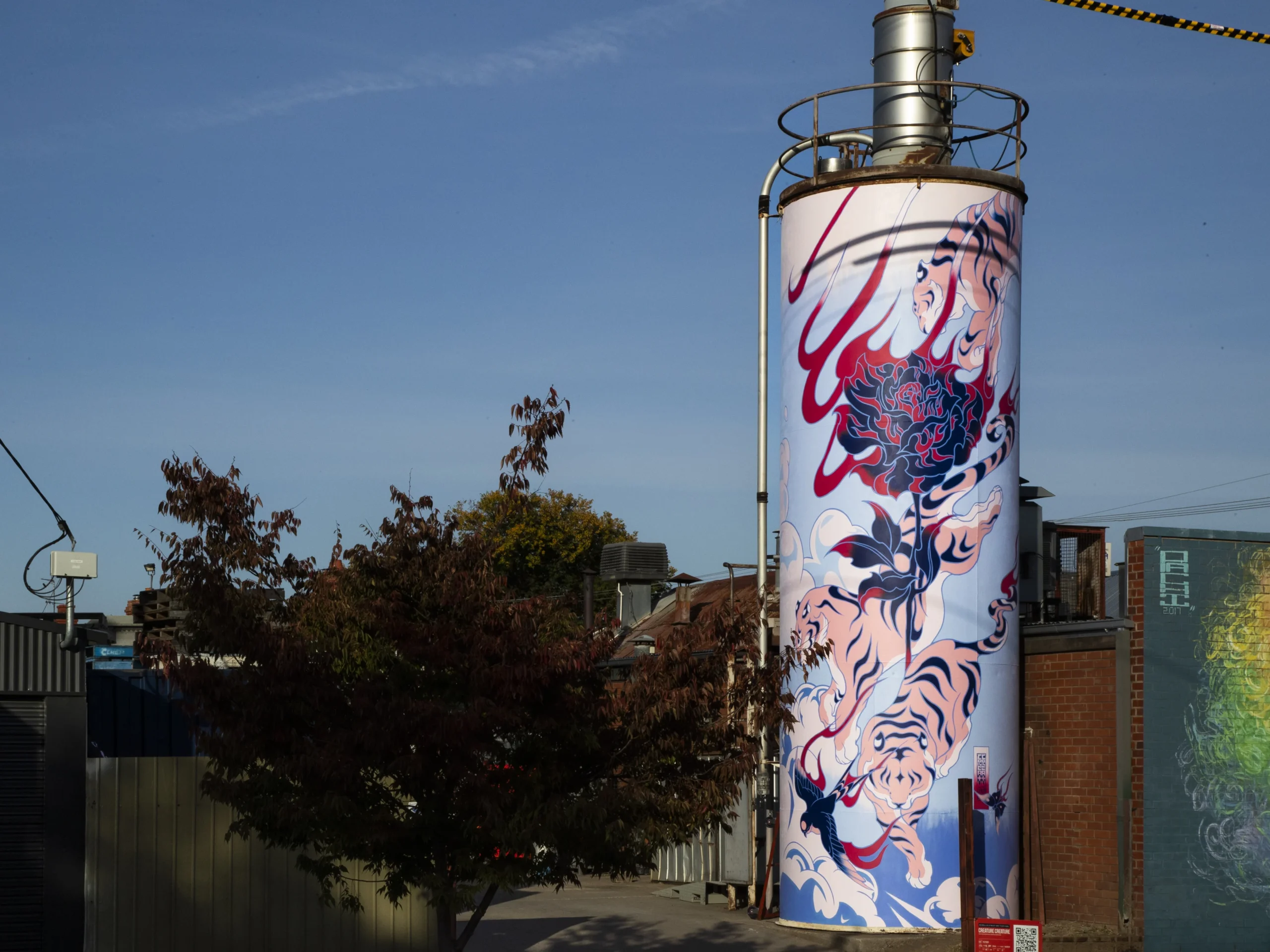 Creature Creature’s design features animals that can see in ultraviolet light. This artwork was part of the 2025 Benalla Street Art Festival.