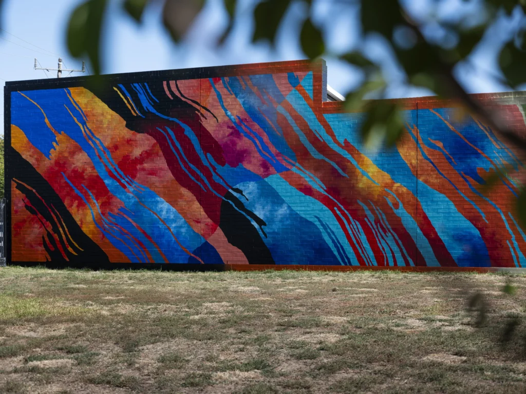 This mural showcases the colours, textures, and shapes of Victoria's landscape, from earth to sea to sky. It includes patterns from tree bark, rock formations, and tide pools that MEGGS has seen during his travels around Victoria and the Eastern coastline. This artwork was part of the 2025 Benalla Street Art Festival.