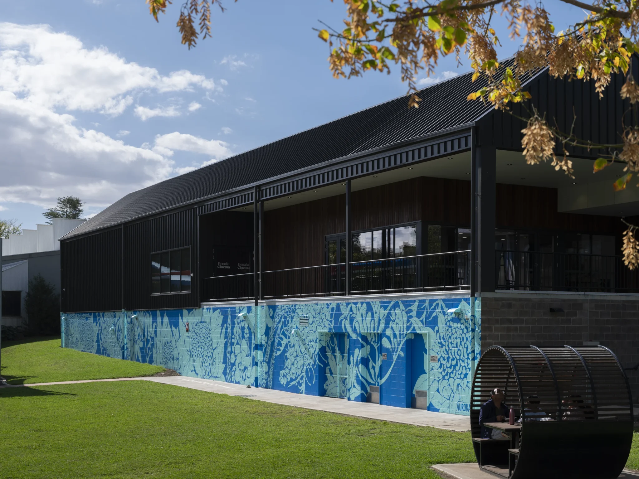 Vibrant blue artwork on lower wall of Visitor Centre and Cinema building. This artwork was part of the 2025 Benalla Street Art Festival.