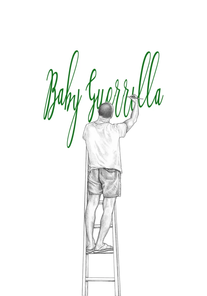 o Baby Guerilla ‘Man on Ladder’ [with text] 2025 digital print on aluminium